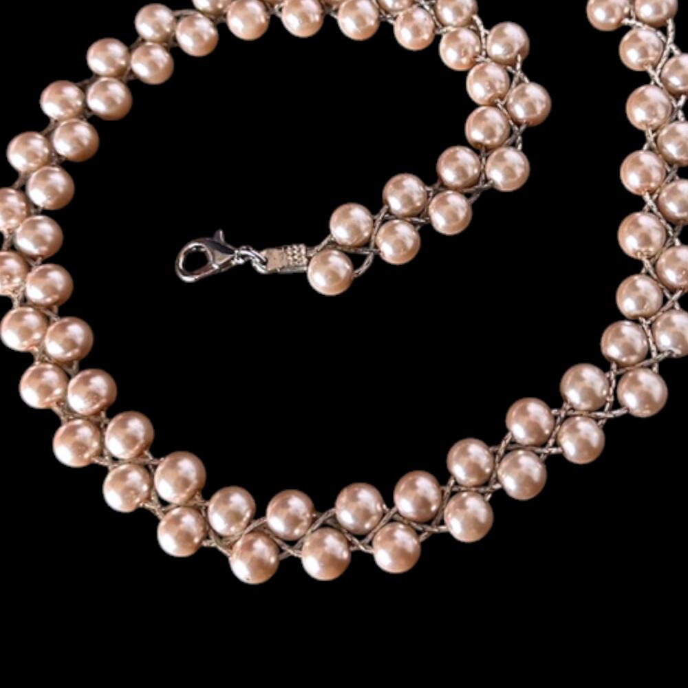 Double strand faux pearl and wire necklace - peach tone